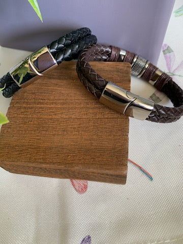 Stainless Steel Accents Woven Braided Leather Bracelet