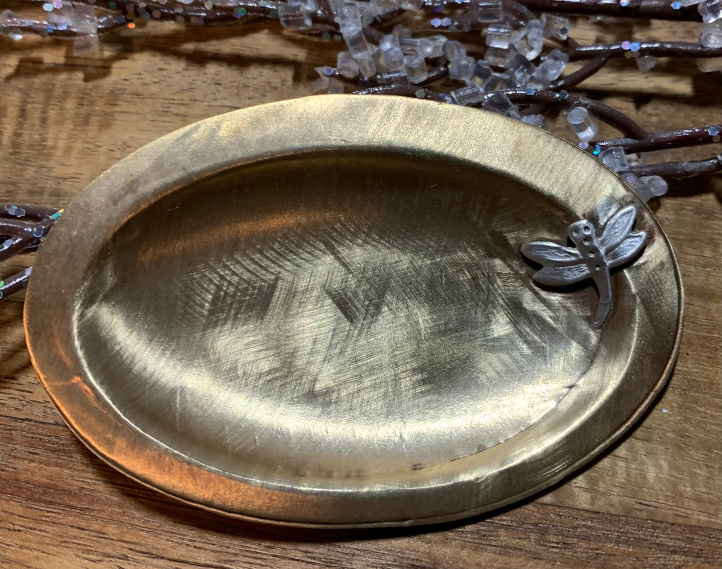 Brass Oval Trinket Dish with Sterling Silver Dragonfly