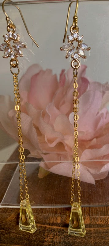 Gold Filled Vintage Column Yellow Crystal Earrings with Bling